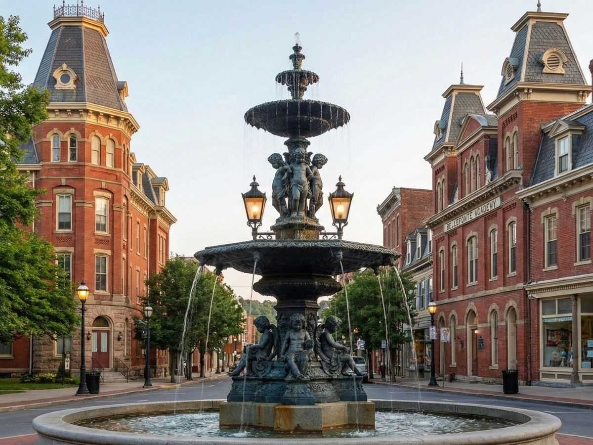 Victorian fountain and architecture in Bellefonte, Pennsylvania