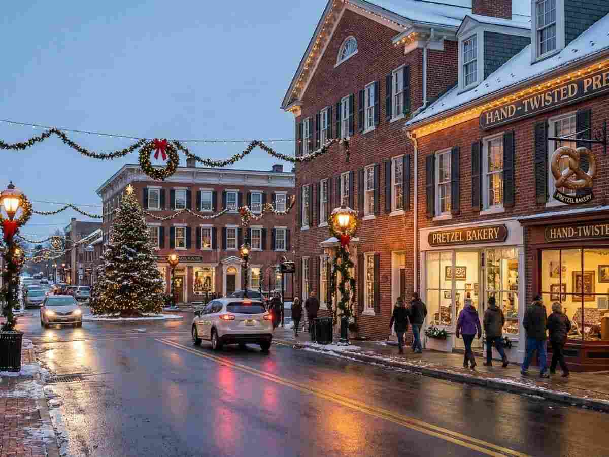 Main Street with pretzel shops and holiday decorations in Lititz, Pennsylvania