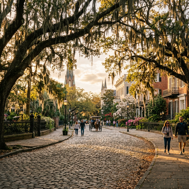 Forsyth Park in Savannah Georgia with moss-draped oak trees