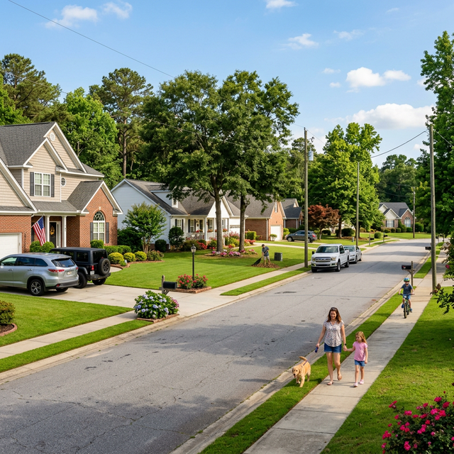 Warner Robins Georgia peaceful suburban neighborhood with green lawns
