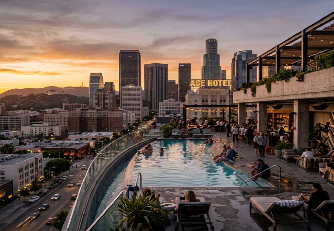 Ace Hotel Downtown LA — rooftop pool with downtown skyline views and art deco design