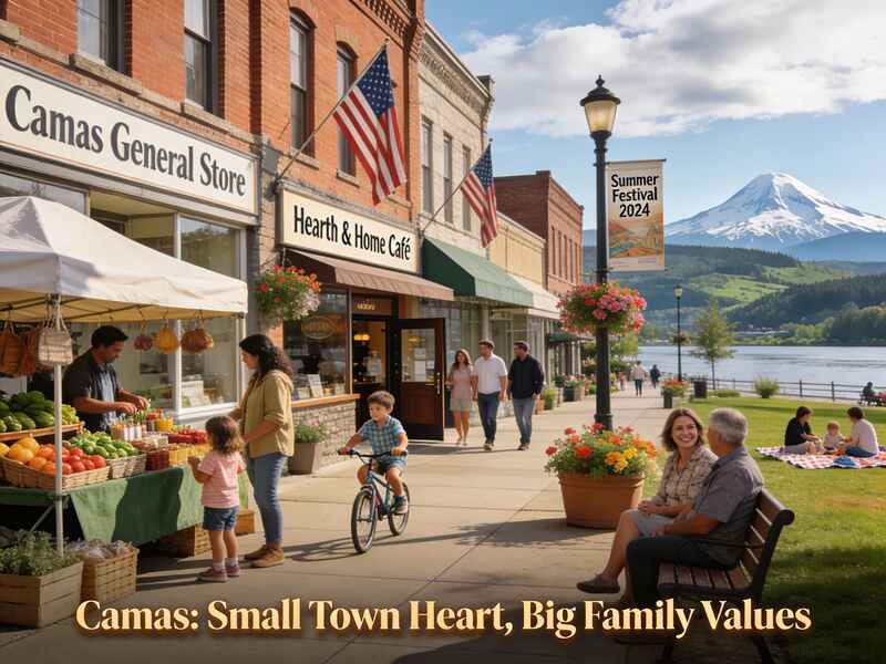Downtown Camas with historic buildings and families enjoying community events