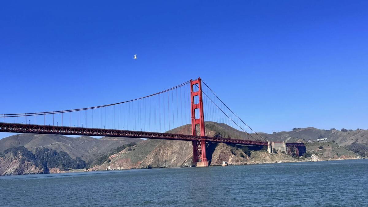 Golden Gate Bridge with pedestrians walking across