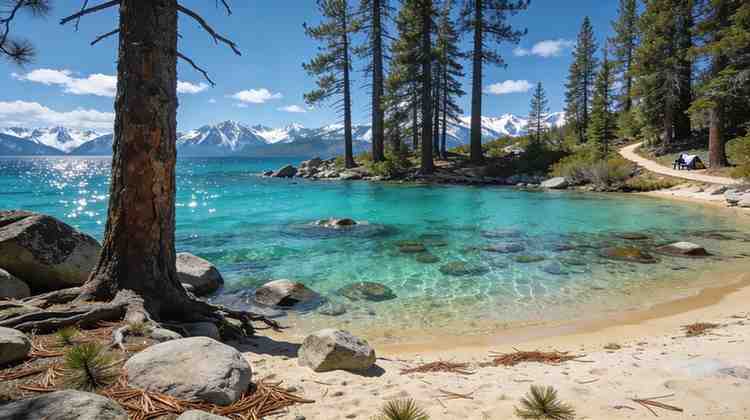 Lake Tahoe crystal blue water with forested camping area