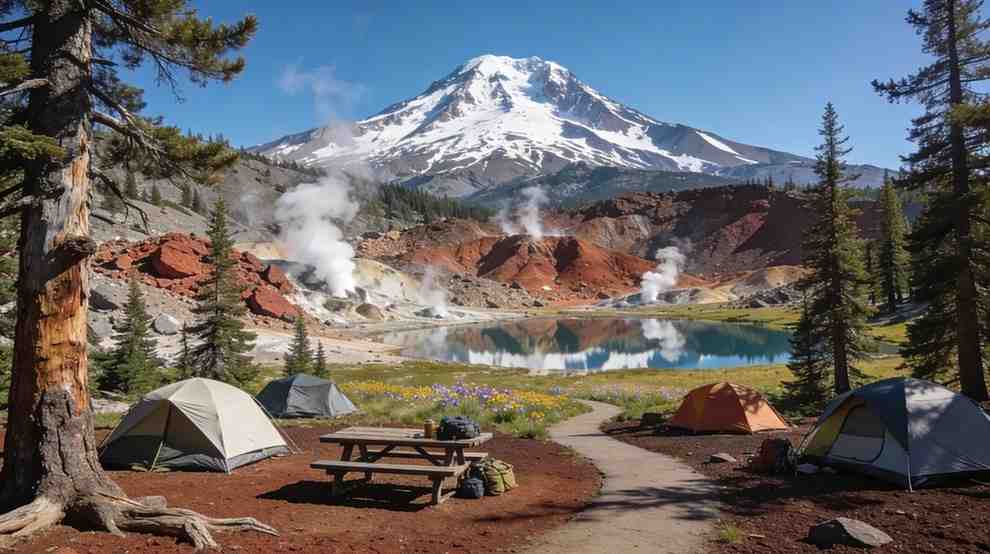 Lassen Peak with camping area and volcanic features visible