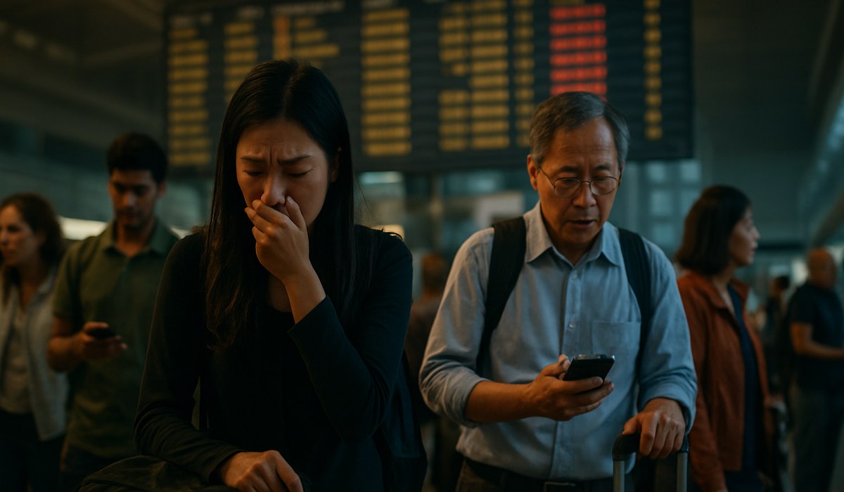 Airport terminals crowded with stranded passengers as flight information boards display widespread delays and cancellations across Asian hubs